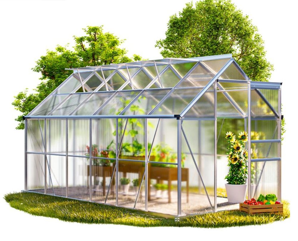 Drivhus aluminium 380x190 cm 7,22m2 med 4 vinduer