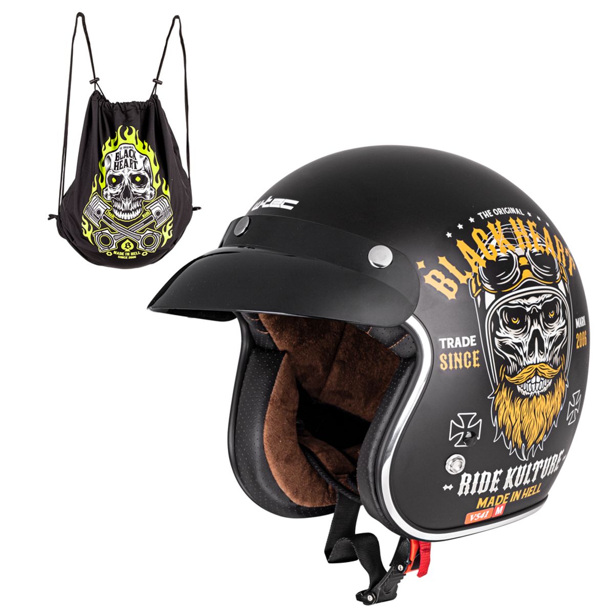MC hjelm W-TEC Kustom Black Heart - Ride Culture, matt sort