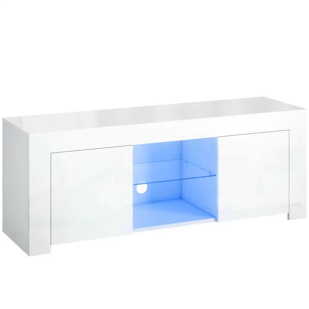 Hvit TV-benk med LED-belysning og glasshylle – 120 cm