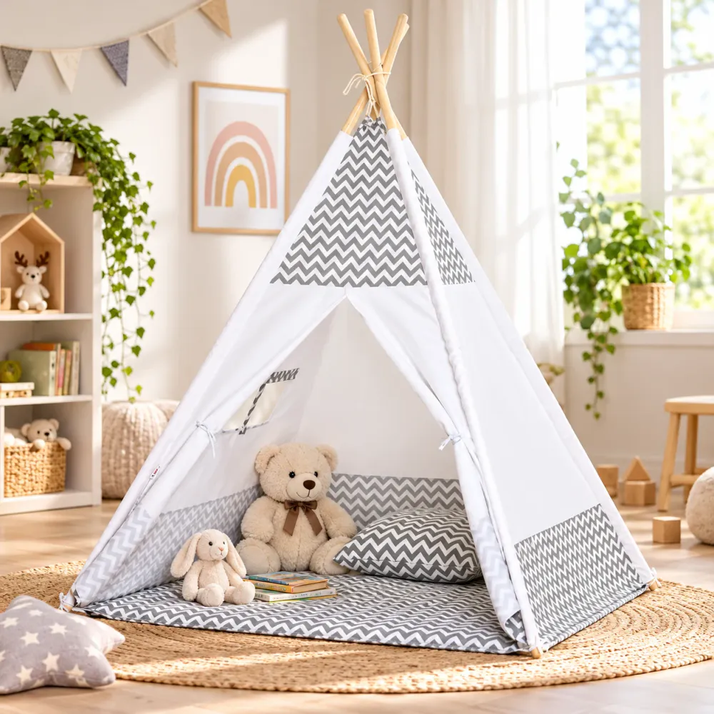 Tipi leketelt for barn – Grå/hvit med teppe