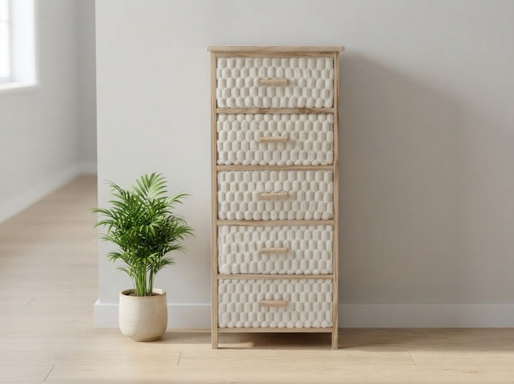 Kommode med 5 stoffskuffer - 40 x 29 x 90 cm