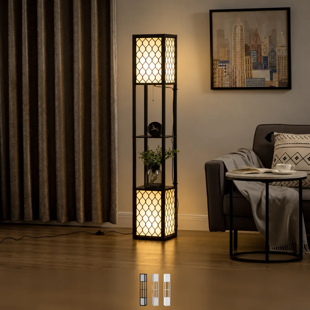 Gulvlampe med to hyller og stoffskjerm 156 cm - fargevalg
