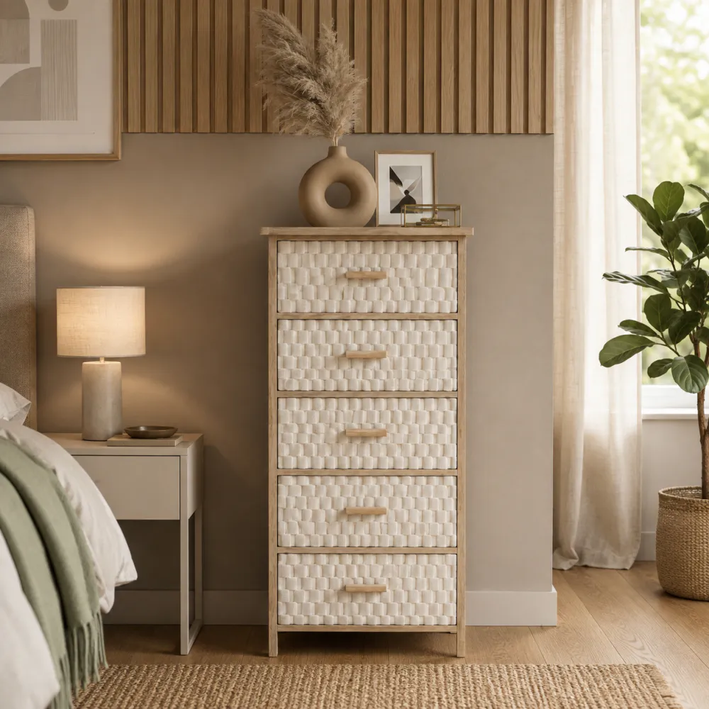 Kommode med 5 stoffskuffer - 40 x 29 x 90 cm