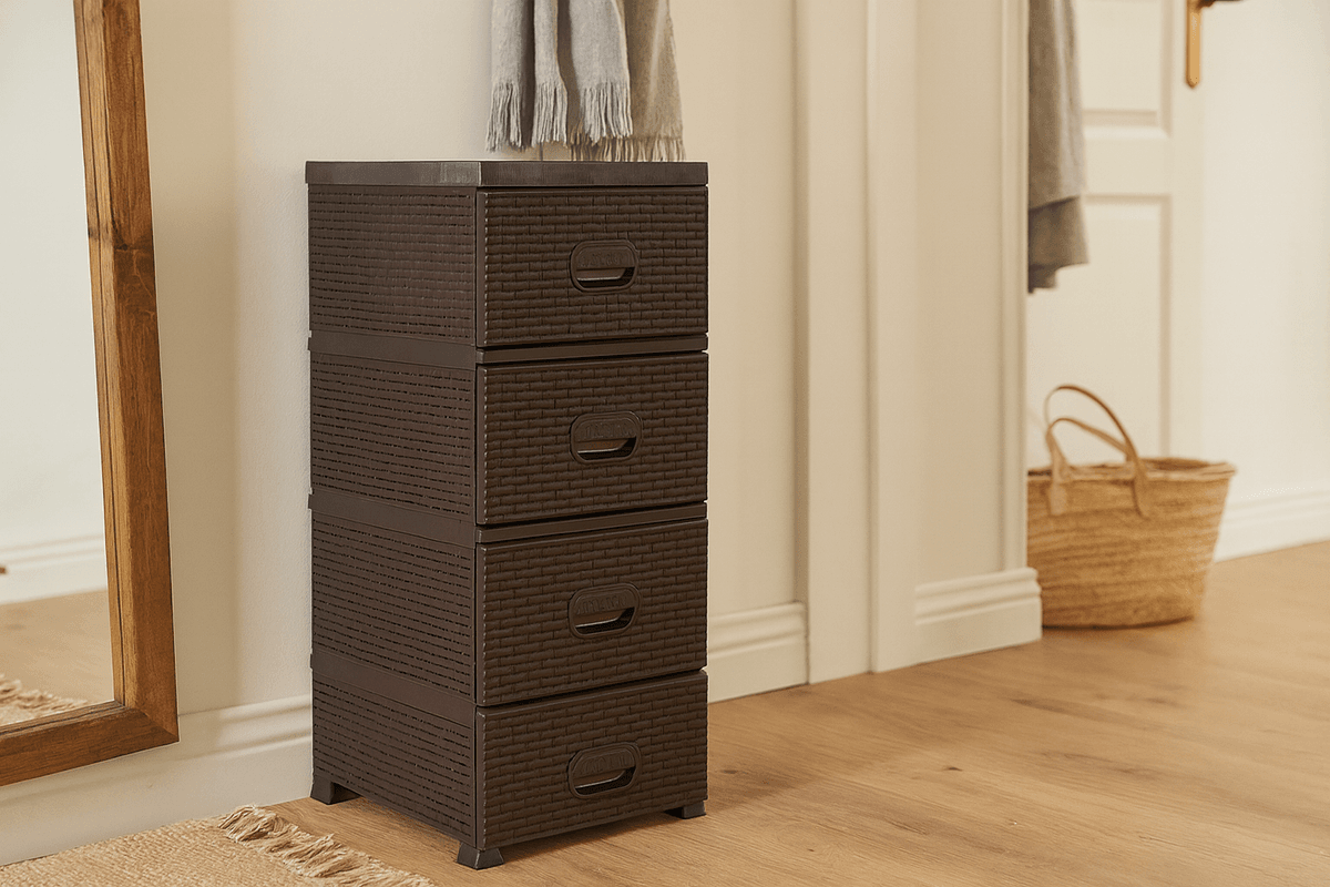 Kommode 4 skuffer rottinglook - brun/grå 38x45x90 cm