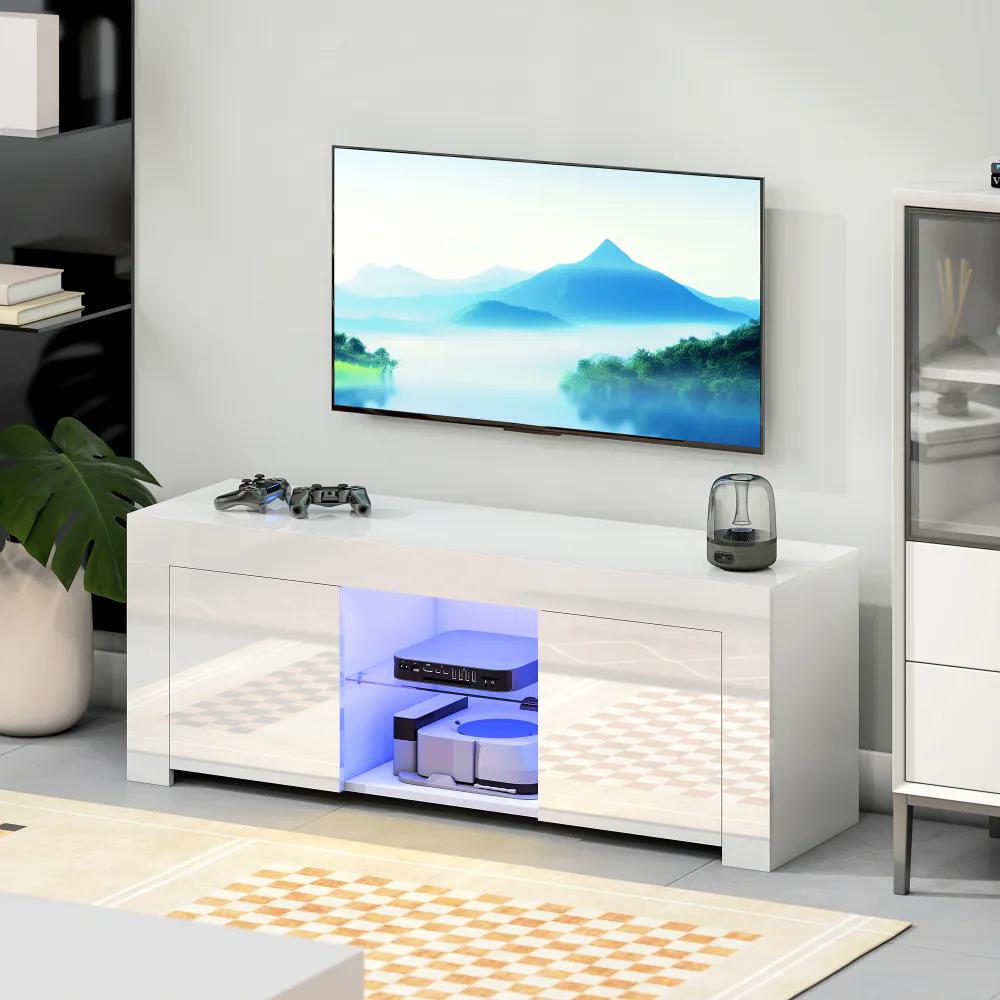 Hvit TV-benk med LED-belysning og glasshylle – 120 cm