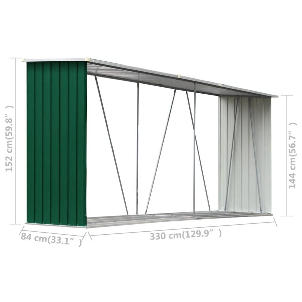 Vedskjul galvanisert stål 330x84x152 cm grønn