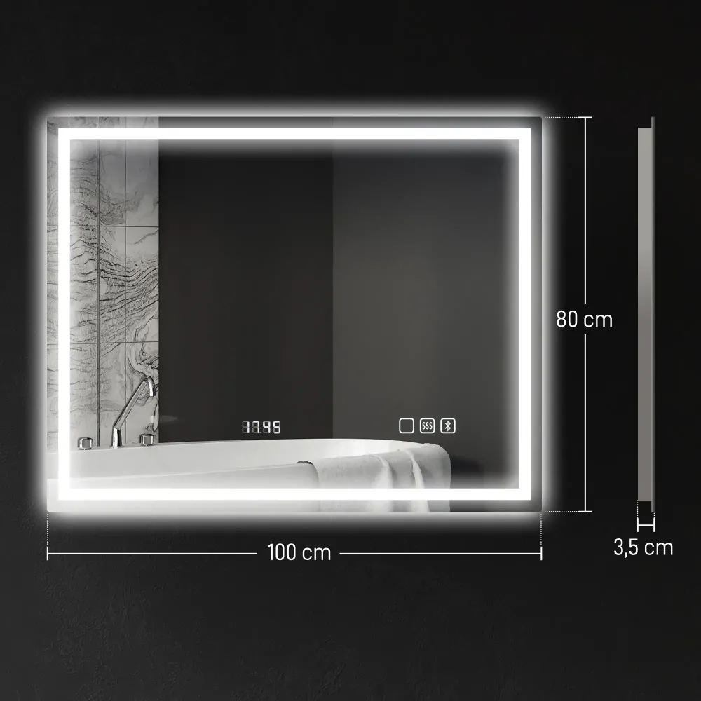 Baderomsspeil med LED og Bluetooth - 100 × 80 cm