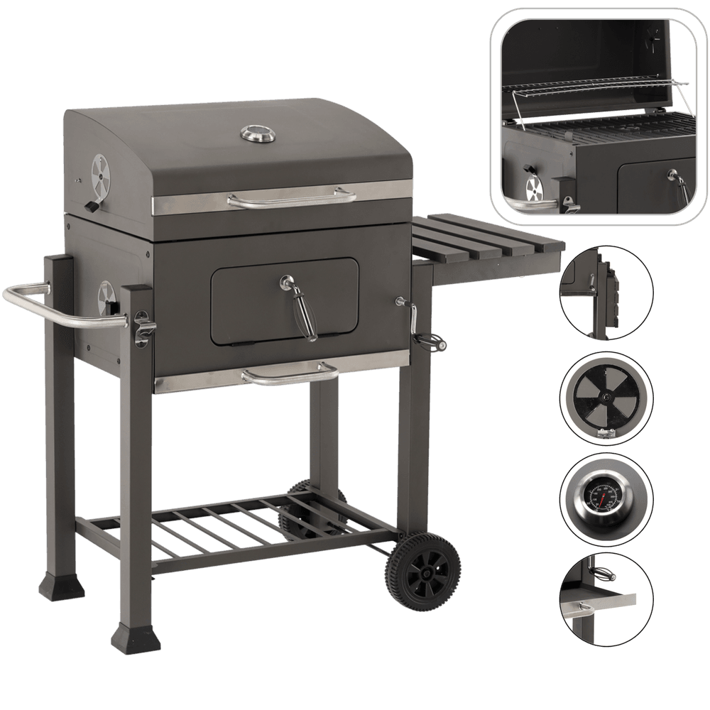 Stor kullgrill med lokk - termometer og hjul