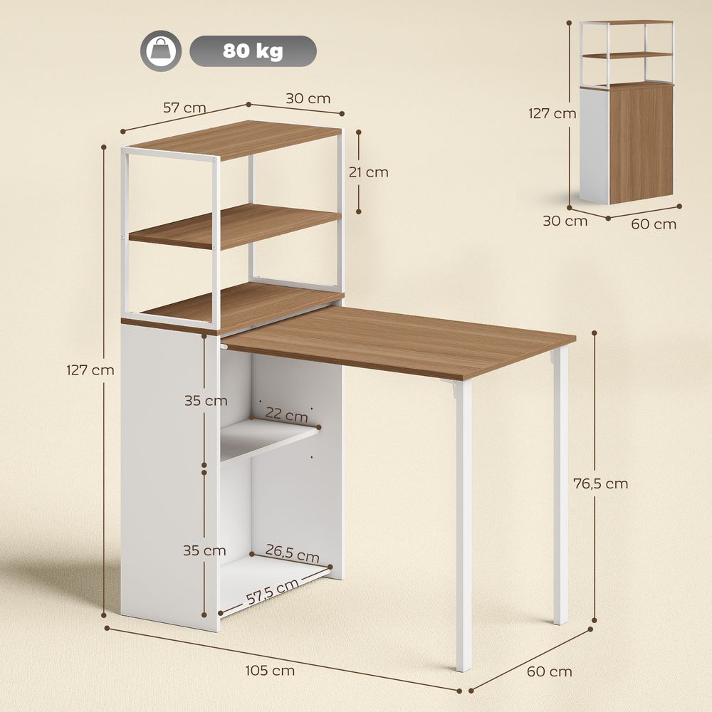 Sammenleggbart skrivebord / PC-bord med 4 hyller - naturtre og hvit