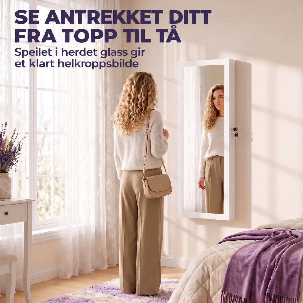 Smykkeskap med speil og LED - til vegg eller dør