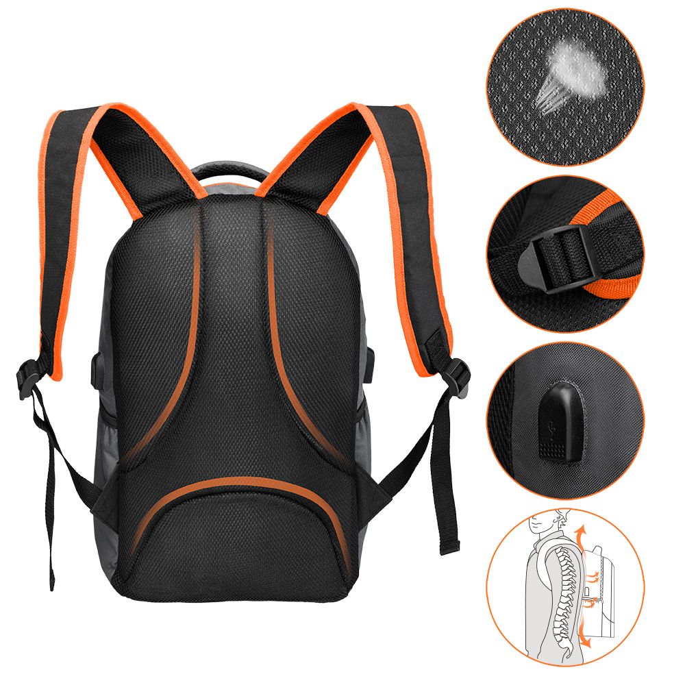 Sportsryggsekk med USB-port Grå/Oransje - 34L
