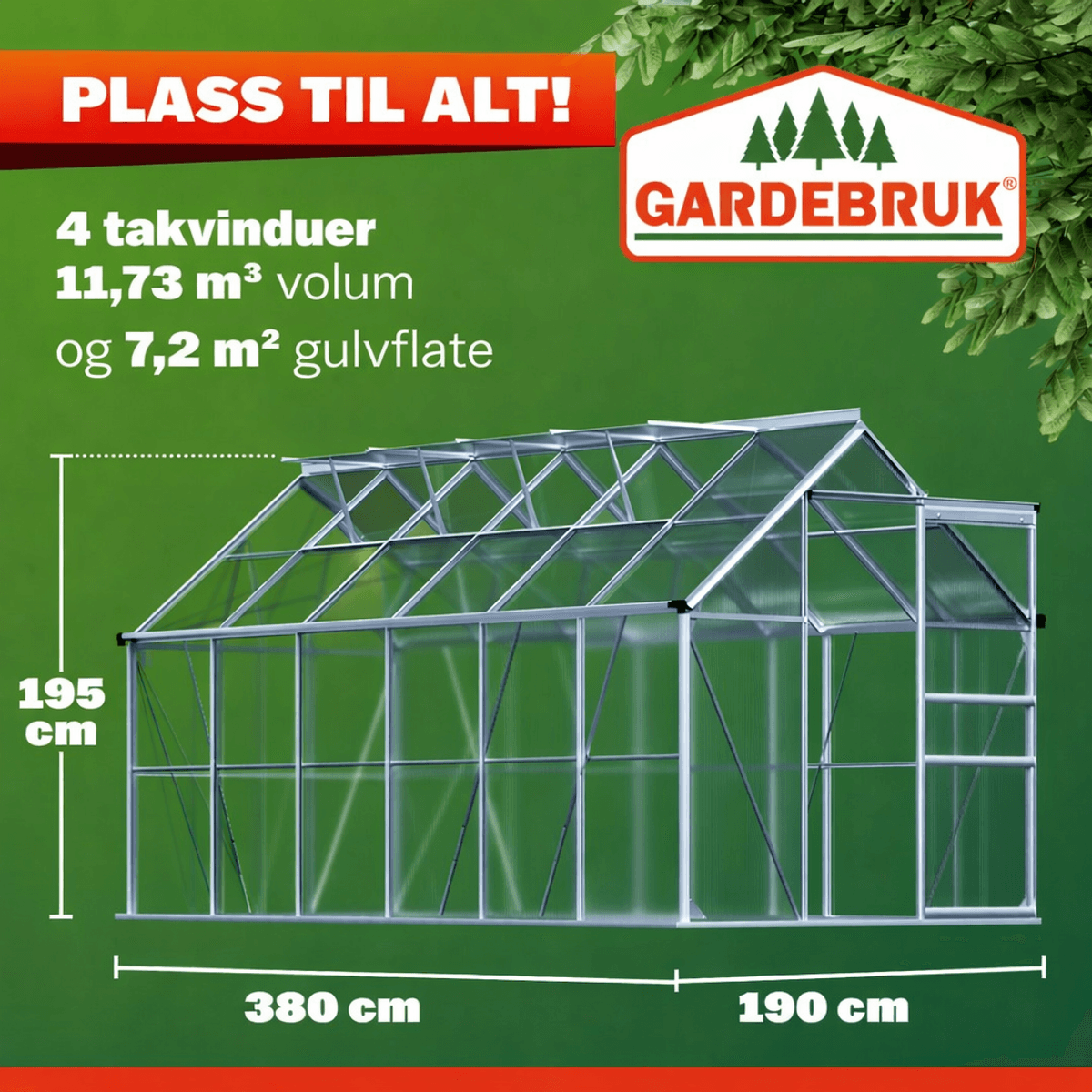 Drivhus 380x190 cm 7,22m2 med fundament og 4 vinduer