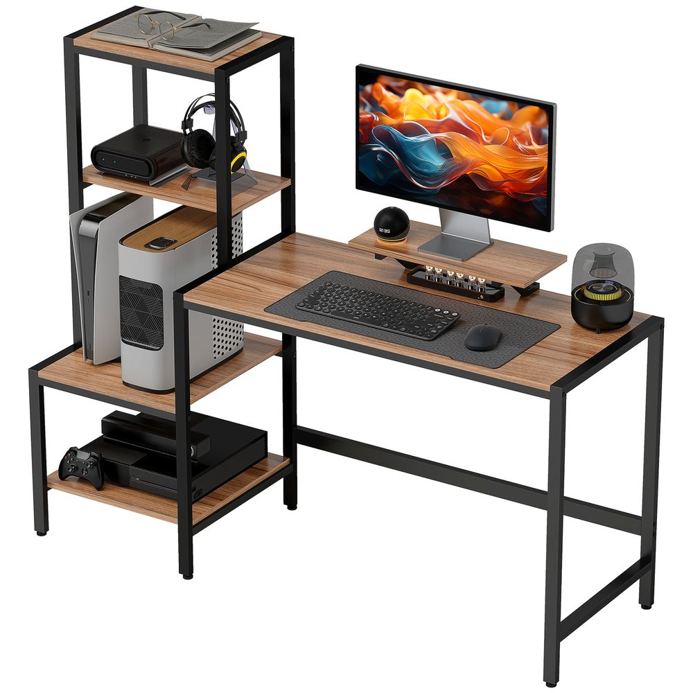 Skrivebord med vendbar sidehylle og monitorstativ