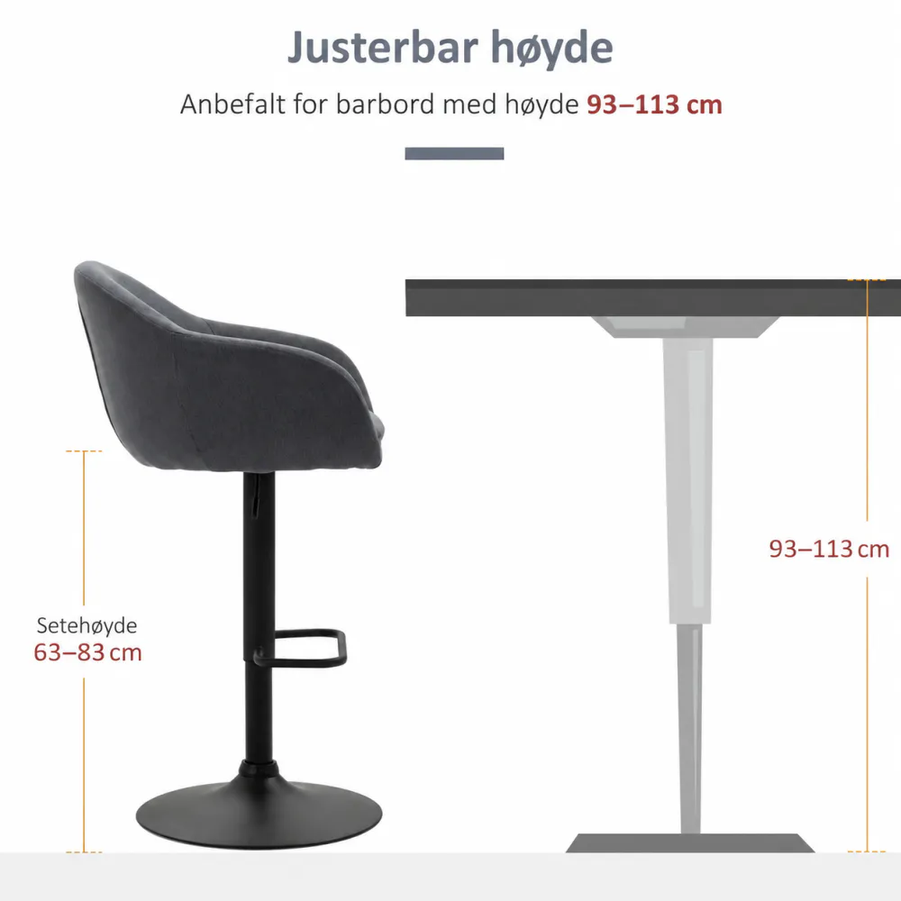 Høydejusterbar barstol - ryggstøtte og fotstøtte – grå
