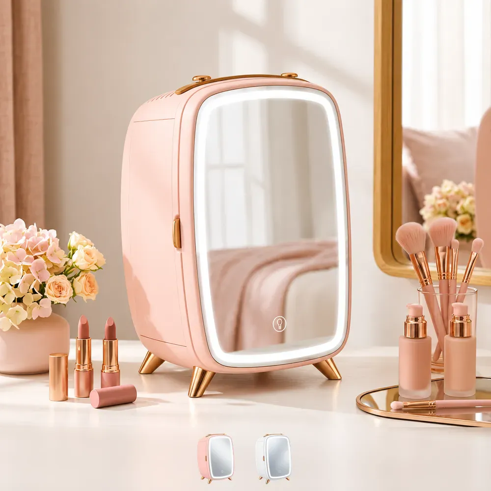 Minikjøleskap med LED-speil - 6L - rosa/hvit