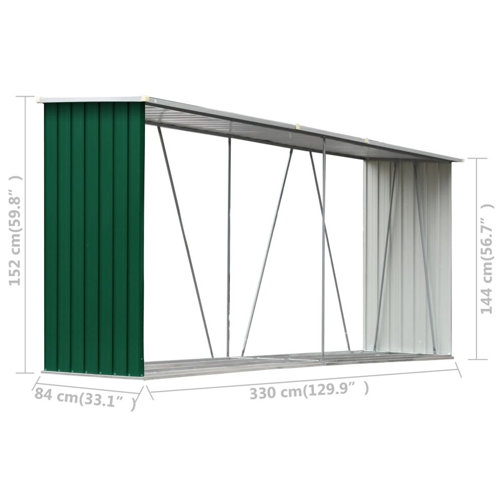 Vedskjul galvanisert stål 330x84x152 cm grønn