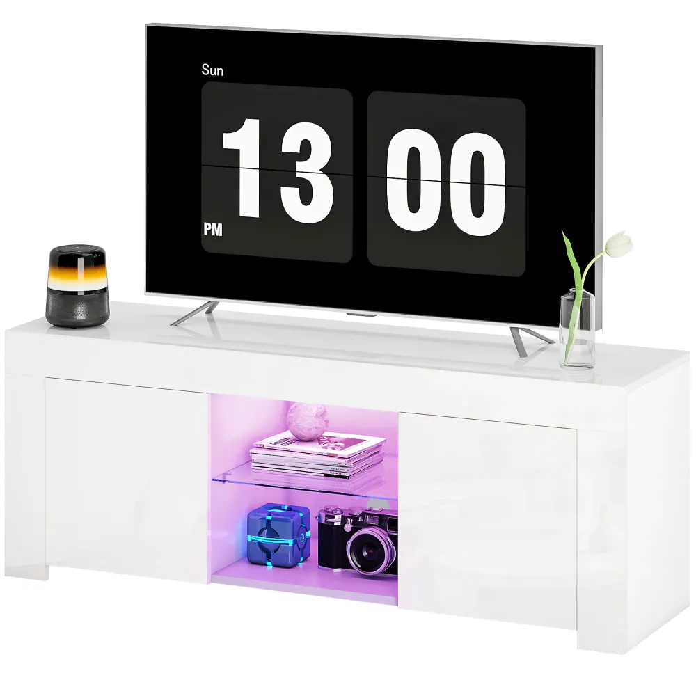 Hvit TV-benk med LED-belysning og glasshylle – 120 cm
