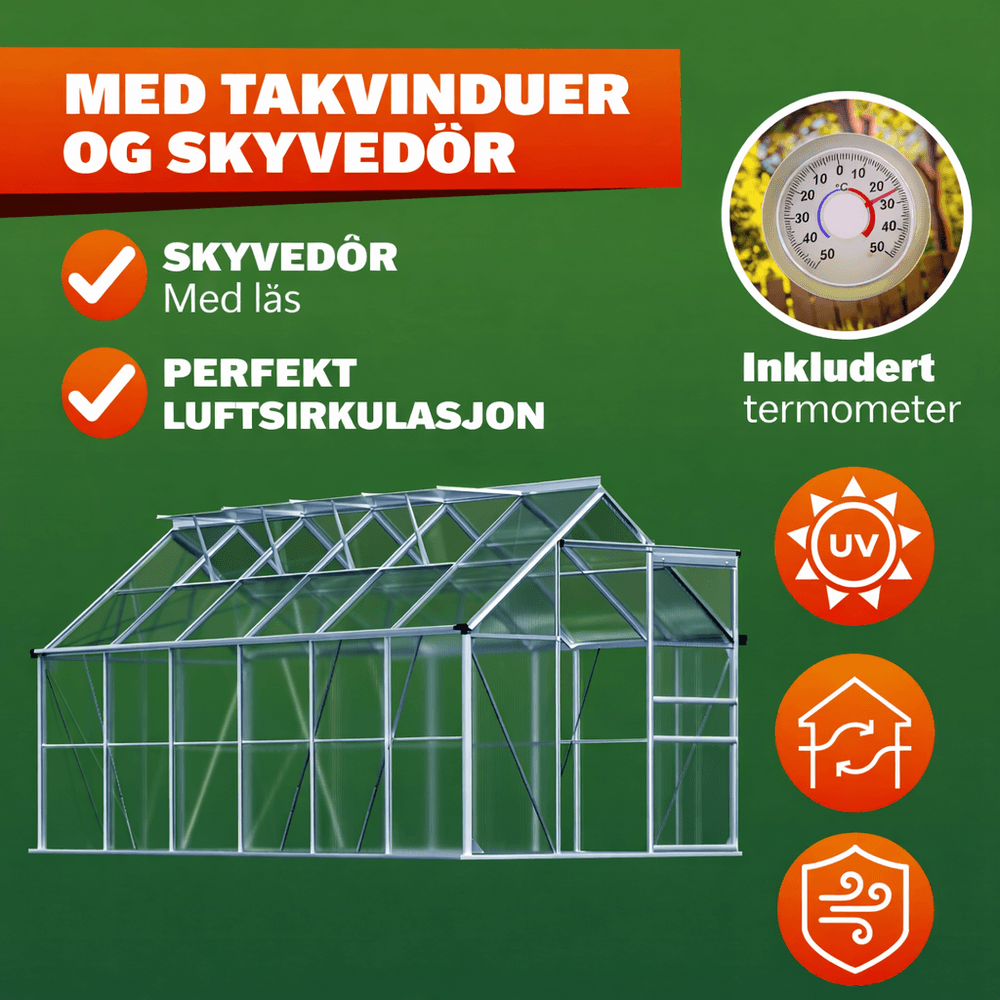 Drivhus aluminium 380x190 cm 7,22m2 med 4 vinduer