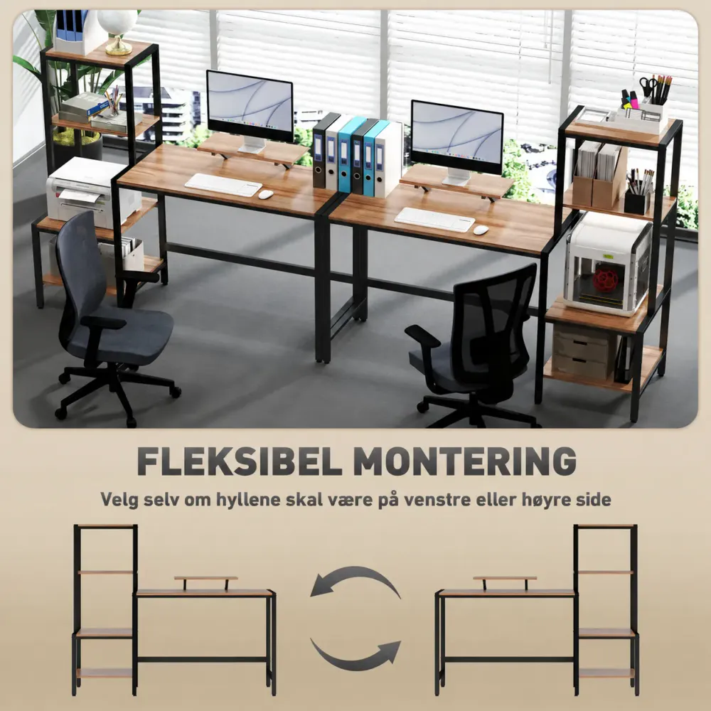Skrivebord med vendbar sidehylle og monitorstativ