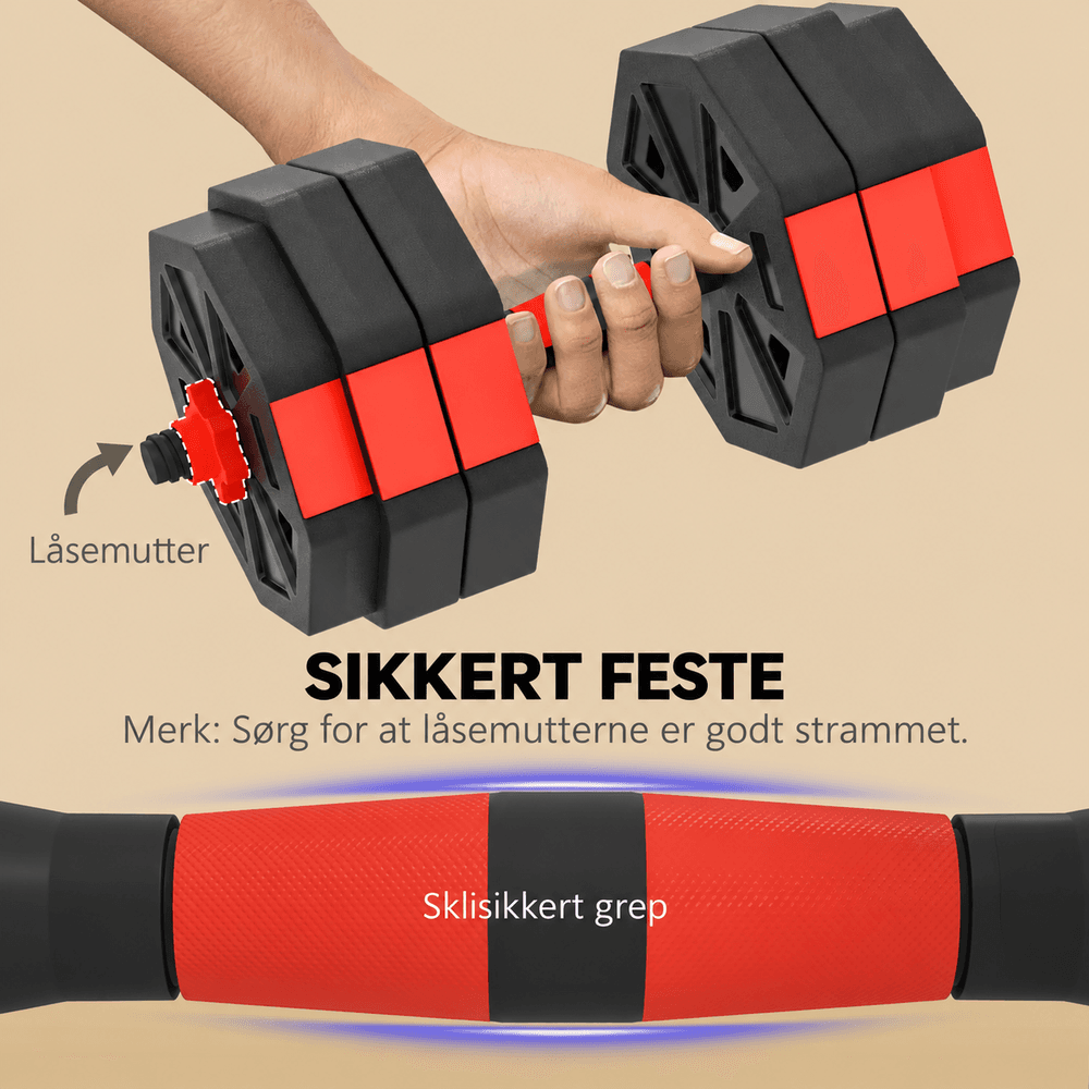 6-i-1 justerbart manualsett 30 kg med manualer og vektstang