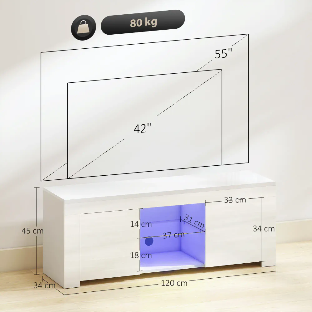 Hvit TV-benk med LED-belysning og glasshylle – 120 cm
