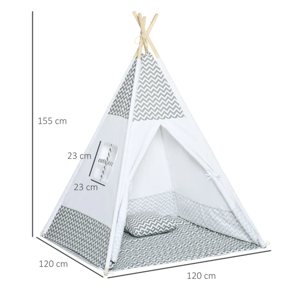 Tipi leketelt for barn – Grå/hvit med teppe