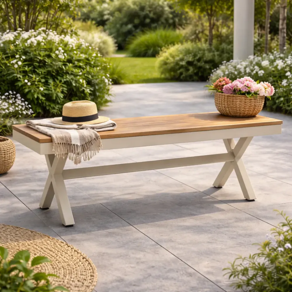 Aluminiumsbenk til hage 150 × 36 × 47 cm beige med treutseende sete