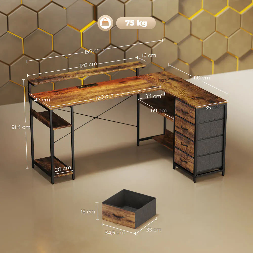 L-formet gamingbord / skrivebord med LED og skuffer