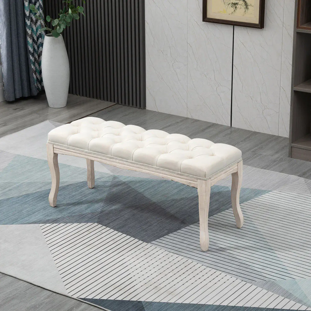 Polstret benk med knapper og buede treben - beige