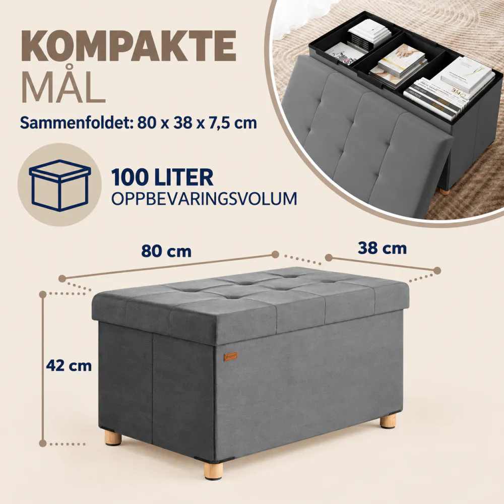Sittebenk fløyel med oppbevaring 76x38x42 cm - antrasitt