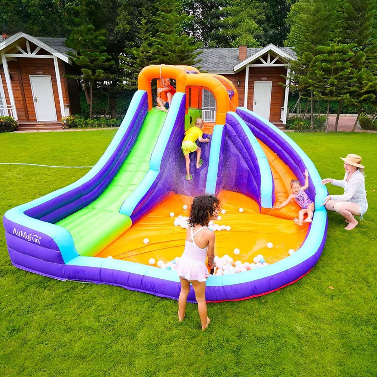 AirMyFun Double Slide 83006 Oppblåsbar Hoppeslott – Med dobbel sklie, vannlek og klatrevegg