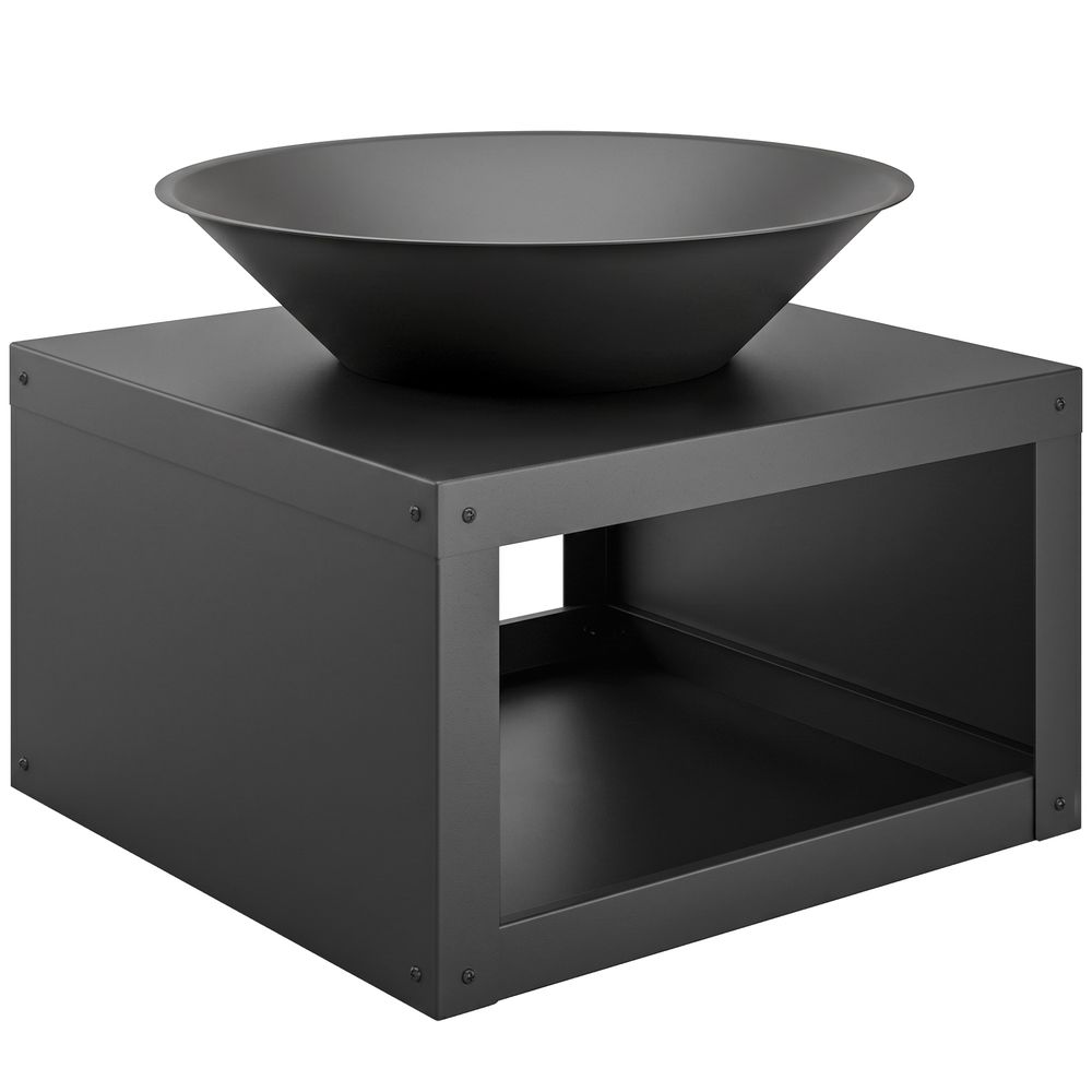 Bålpanne med vedhylle og firkantet base - svart, 60 cm