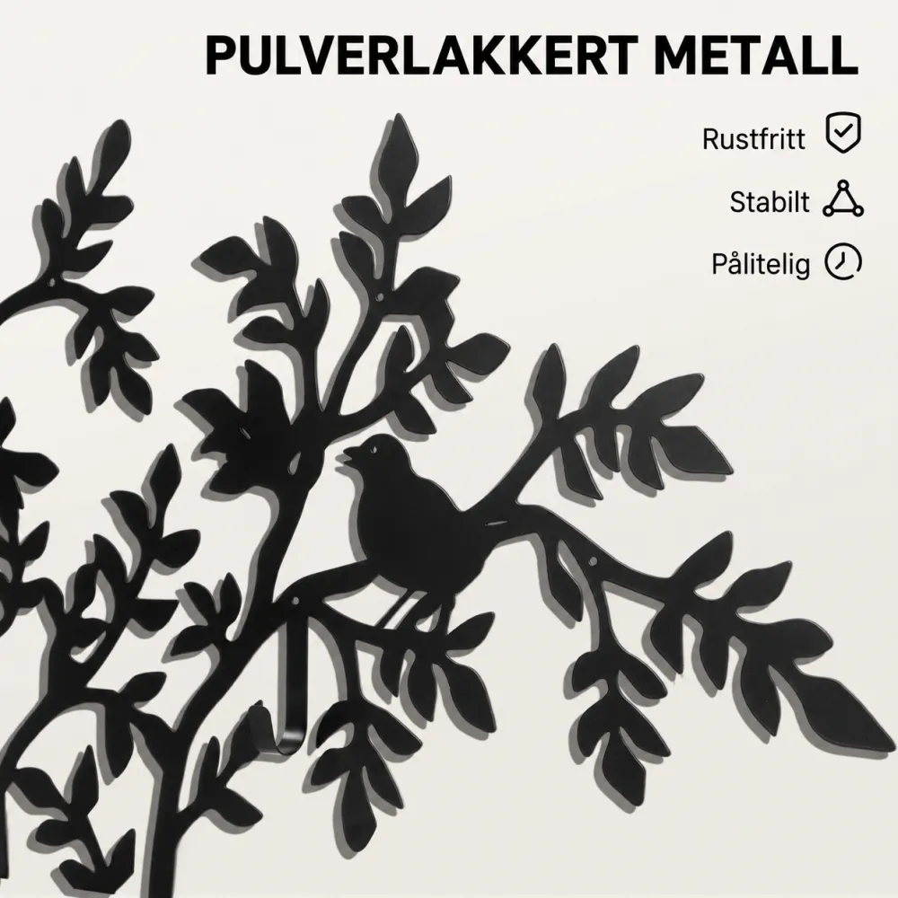 Veggknagg med tredesign og fugler - sort
