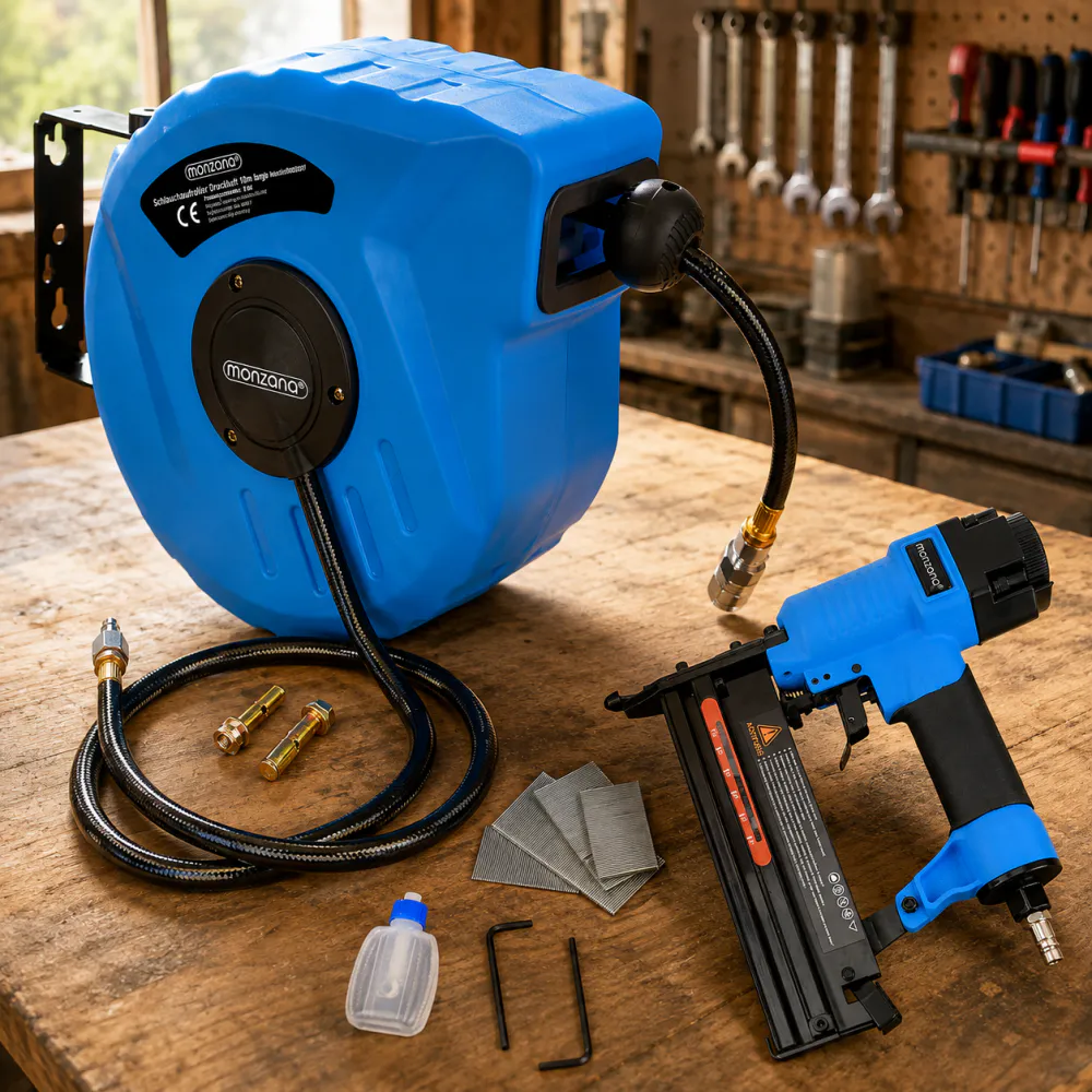 Trykkluft slangetrommel 10 m med spikerpistol – automatisk opprulling