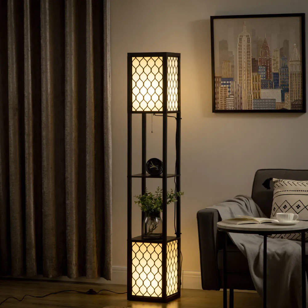 Gulvlampe med to hyller og stoffskjerm 156 cm - fargevalg